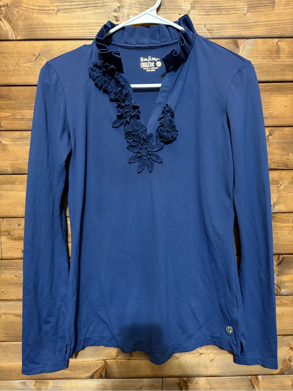 Lilly Pulitzer Navy Frida Long-Sleeve Floral Appliqué V-Neck Top Golf